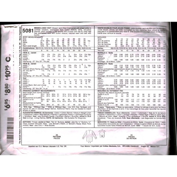 McCall's 5081 Sew News Jacket Vest Pattern Size 12 Vintage 1990 CUT - Picture 2 of 2